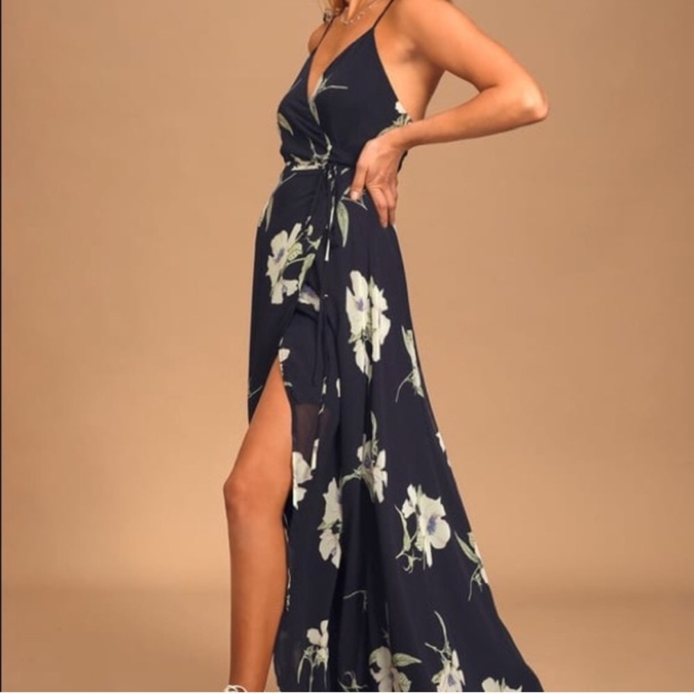 Lulus All Mine Navy Floral Print Wrap Dress